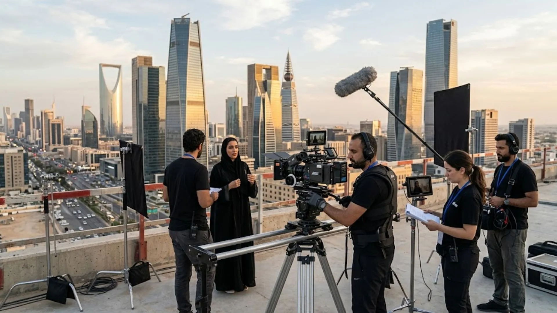 Professional film crew filming in Riyadh, Saudi Arabia.
