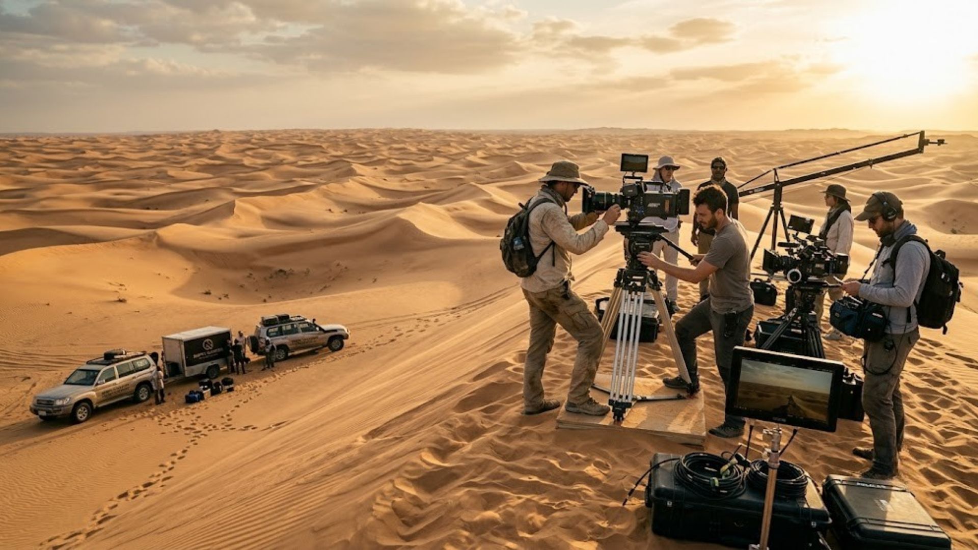 Film crew filming in the Empty Quarter, Saudi Arabia.
