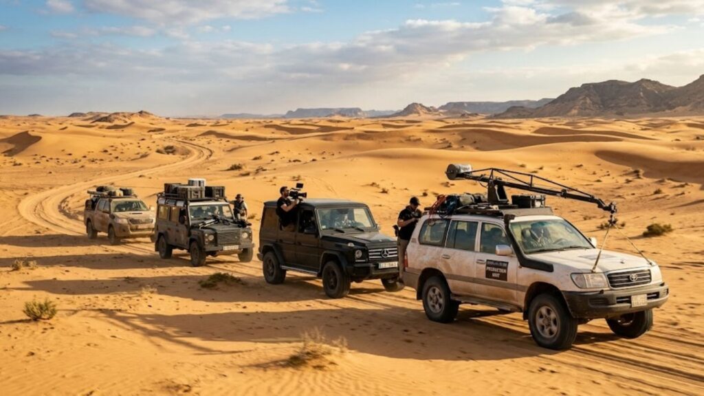 Production vehicles transporting crew while filming in the Saudi desert.
