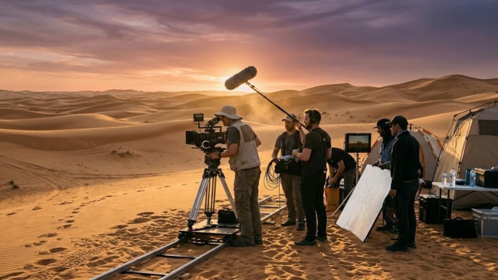 Camera crew filming in the Saudi desert with support from KSA Fixers.