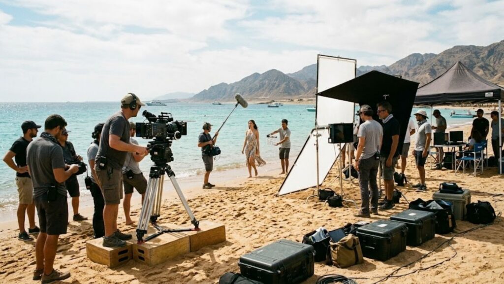 Production crew filming on the Red Sea coast in Jeddah.