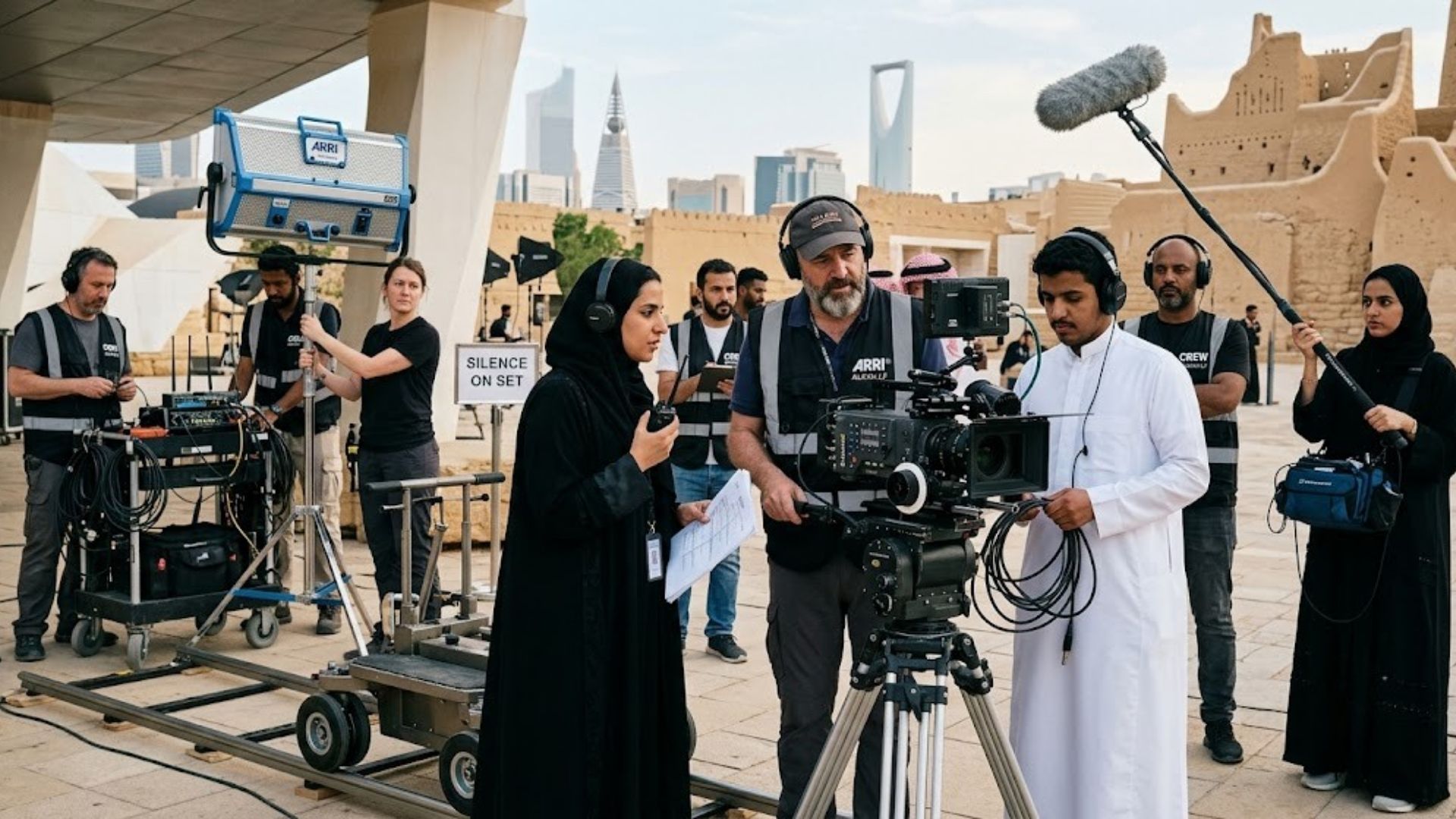 Local film crew working with an international production in Saudi Arabia.