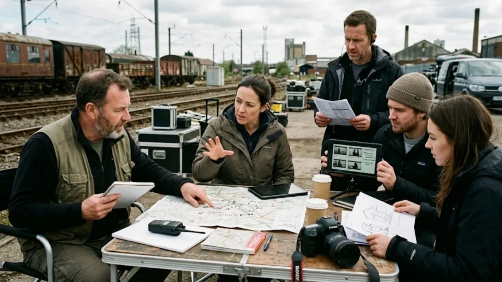 Production team planning filming permits and logistics in Saudi Arabia.