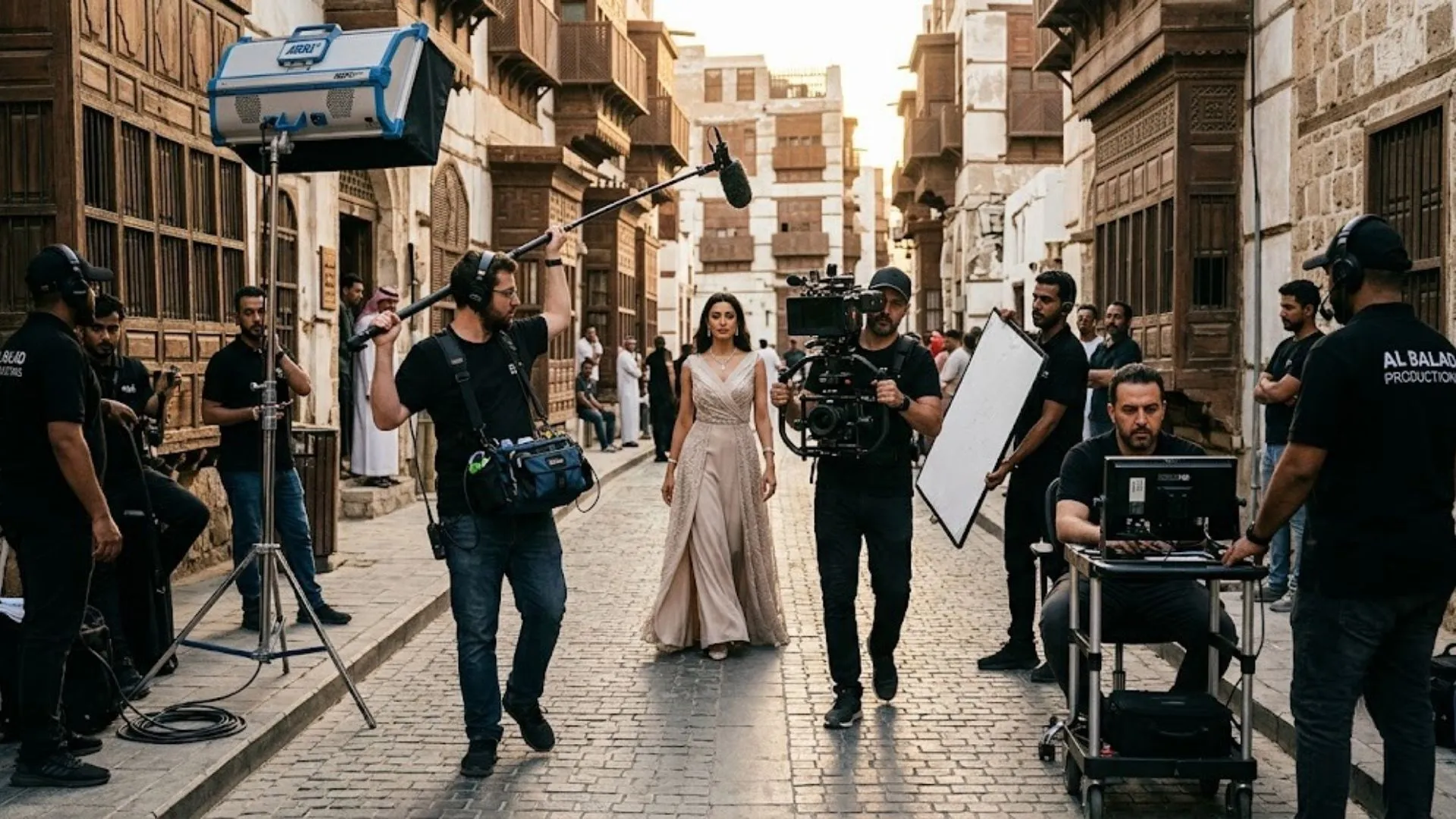 Commercial production crew filming in Saudi Arabia.