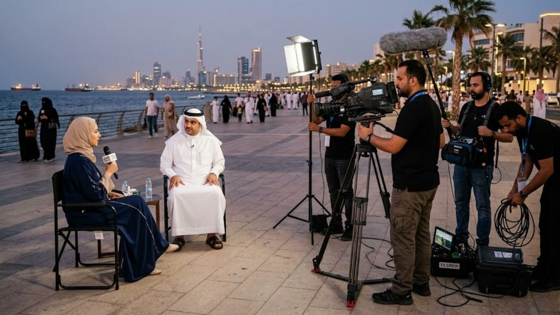 Television production crew filming in Saudi Arabia.