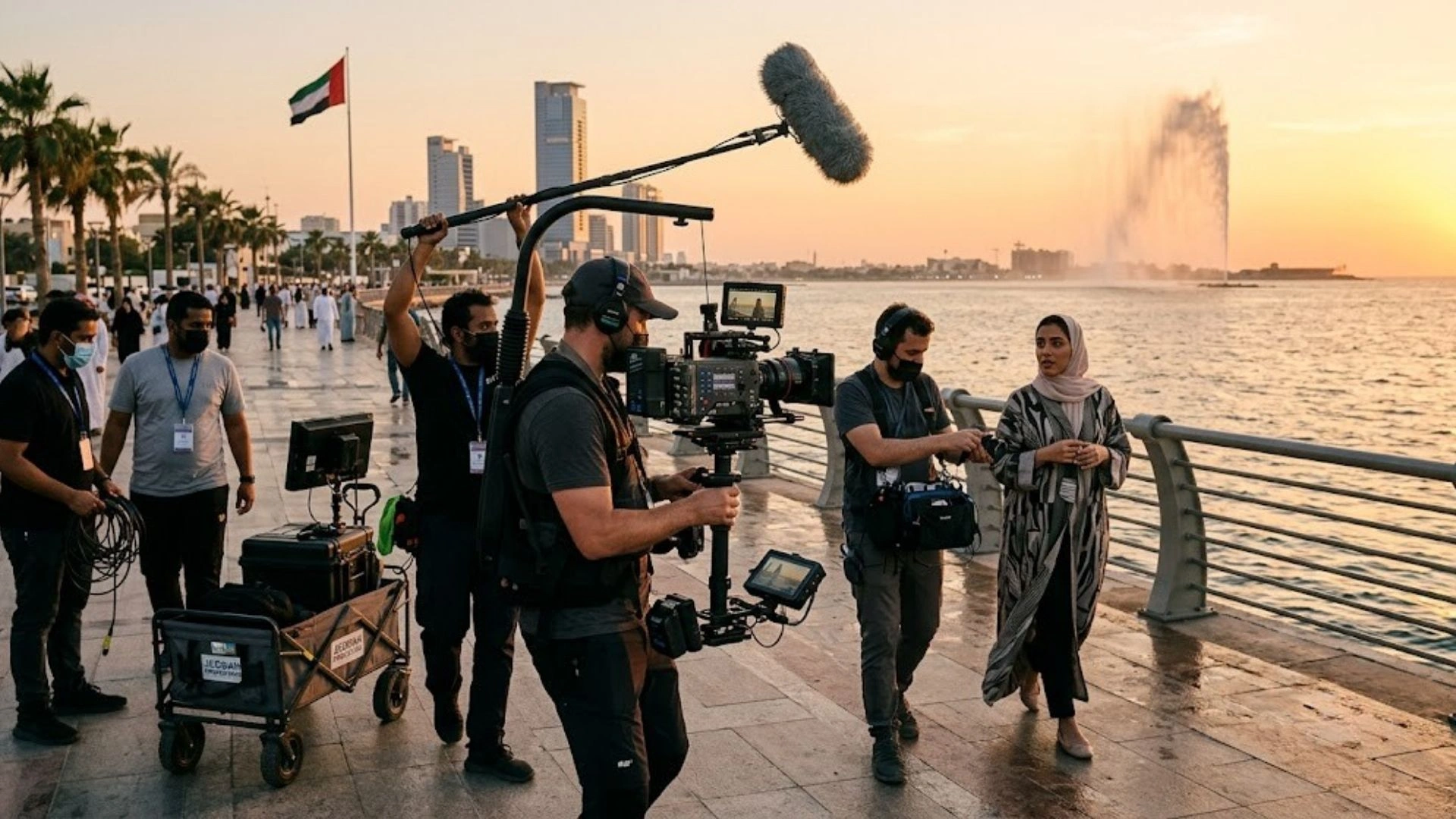 Production crew filming on the Red Sea coast in Jeddah.