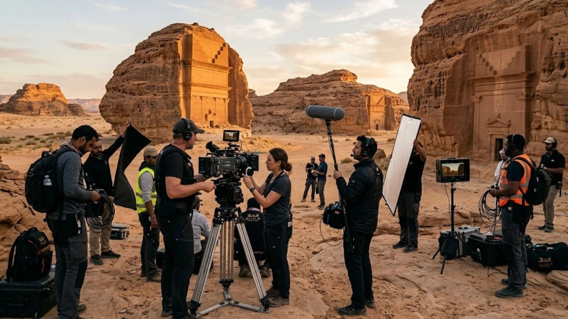 Film production at a historic heritage site in Saudi Arabia.